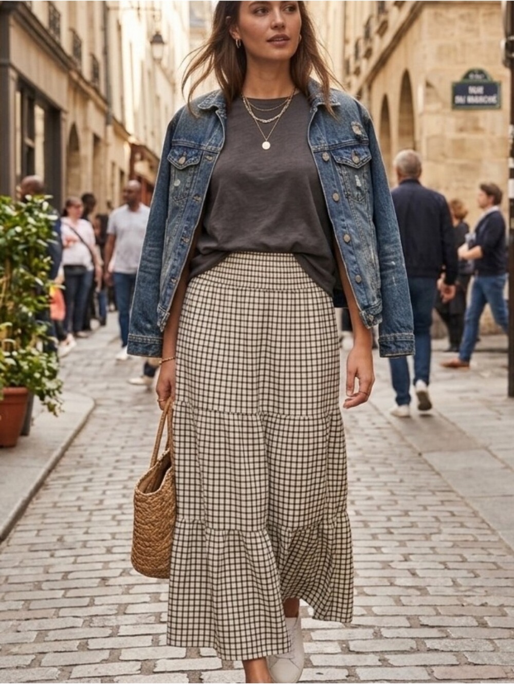 ISO: Marine Layer sz Medium  Beige & Black Windowpane Gingham Tiered Maxi Skirt
